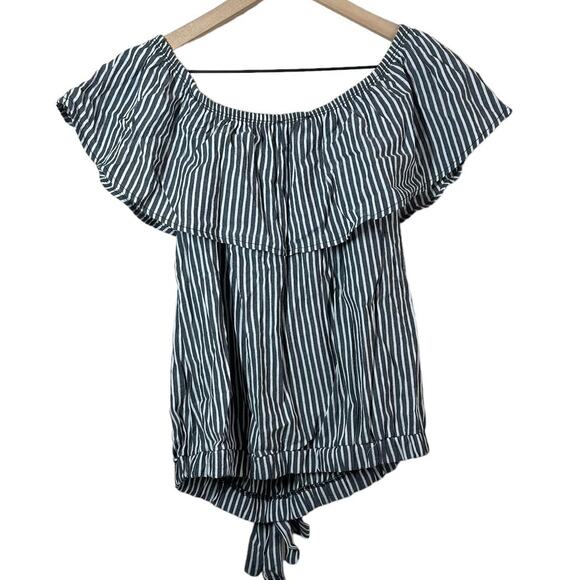 Cotton Bleu Women's Gray Vertical Striped Blouse Tie Front Size Medium - Picture 2 of 7